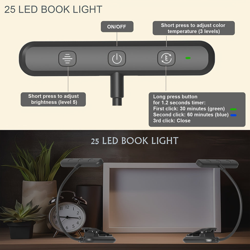 Lampe de lecture à pince barre 25 LED, minuterie, noire ou blanche
