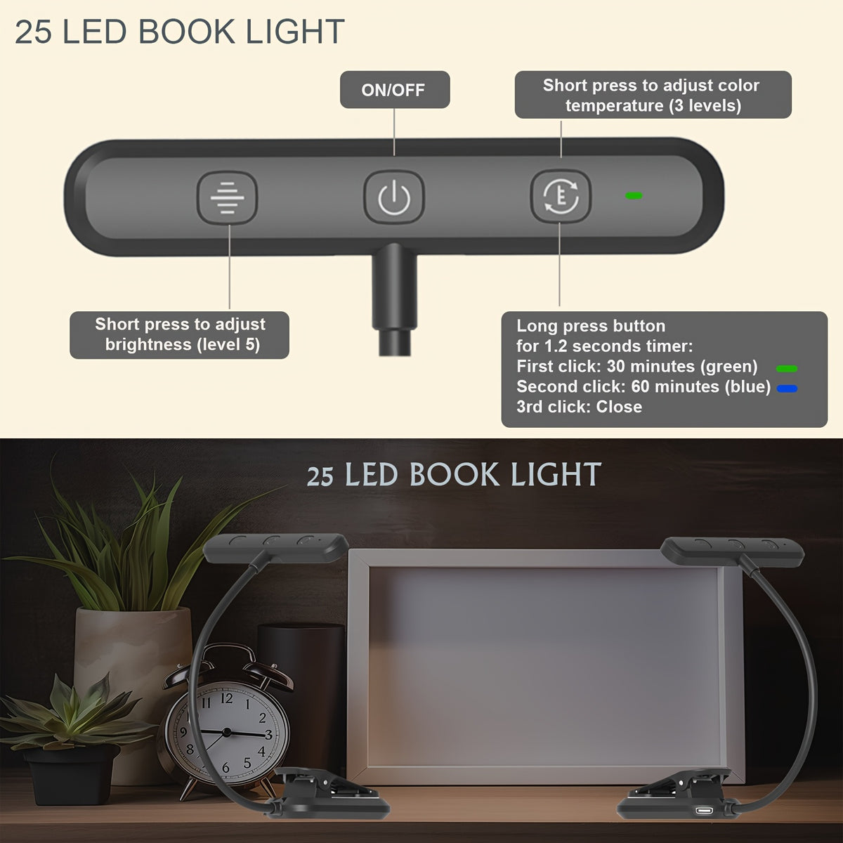 Lampe de lecture à pince barre 25 LED, minuterie, noire ou blanche