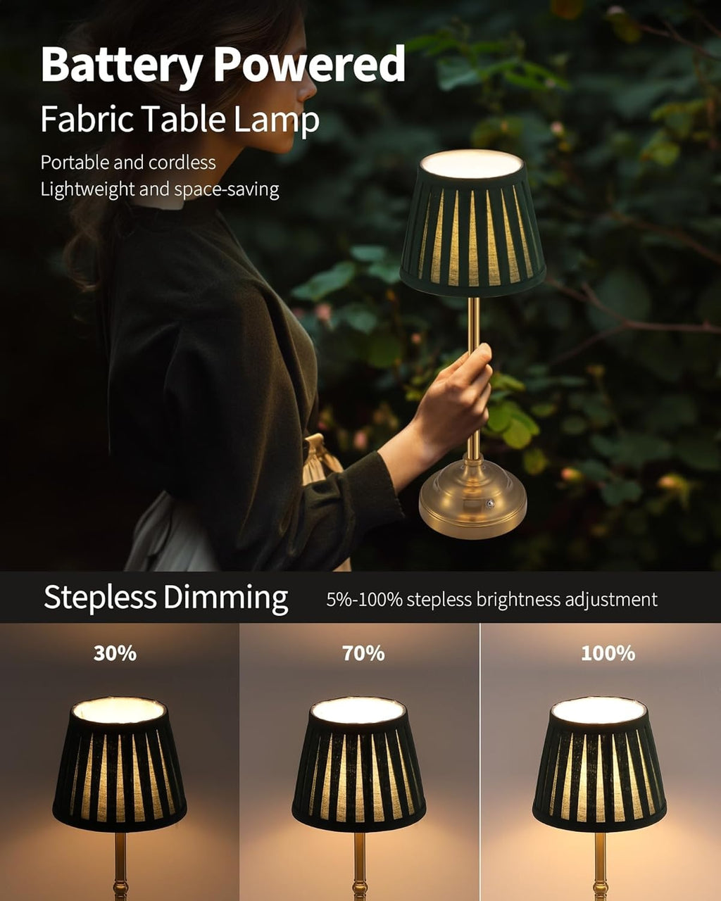 Lampe de table sans fil à abat-jour plissé vert ou crème, 40 cm