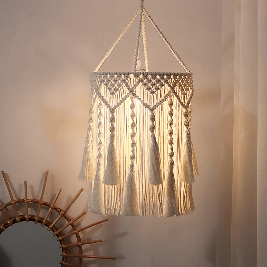 Abat-jour en macramé à franges, motif losanges ou feuillage, Ø 30 cm