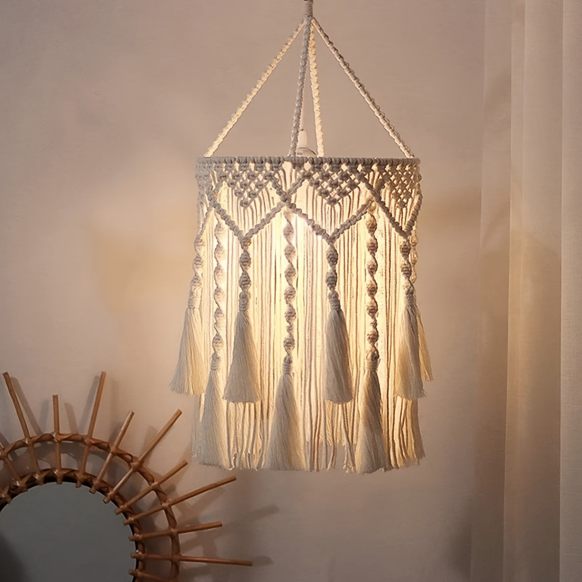 Abat-jour en macramé à franges, motif losanges ou feuillage, Ø 30 cm
