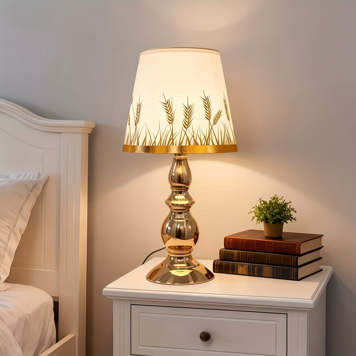 Lampe de chevet abat-jour épis de blé, pied balustre poli et LED