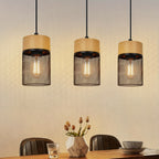 Suspension 3 cylindres grillagés effet bois, douille E27