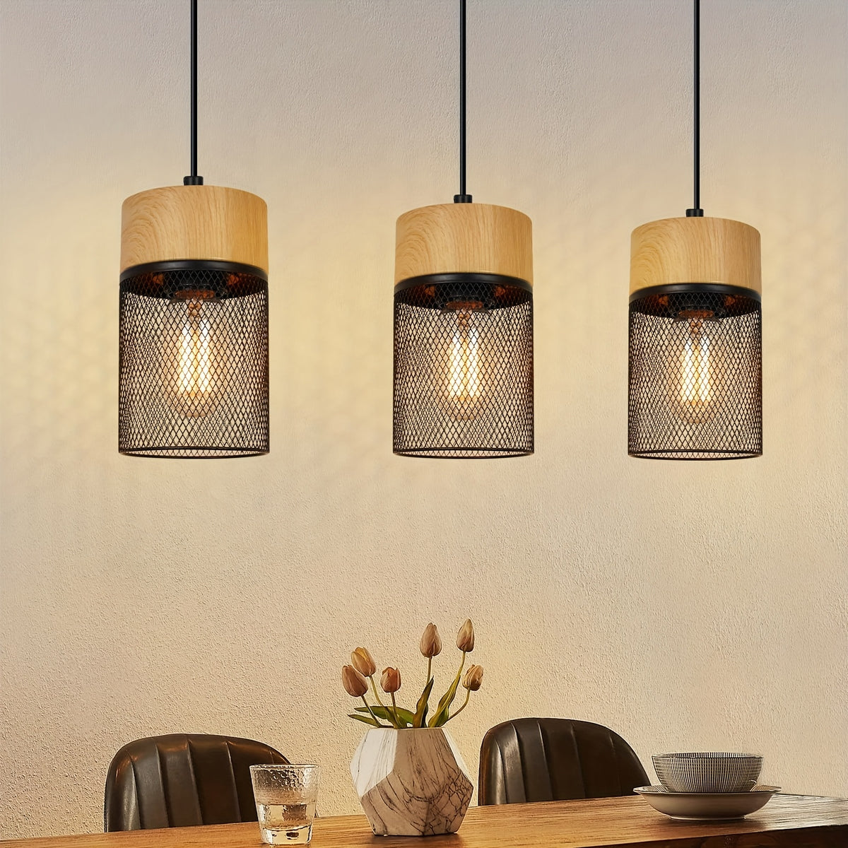 Suspension 3 cylindres grillagés effet bois, douille E27