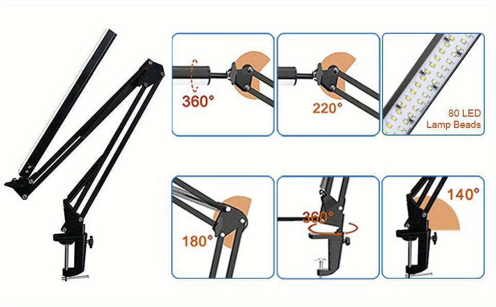 Lampe de bureau LED à pince, bras articulé noir et barre de 33 cm