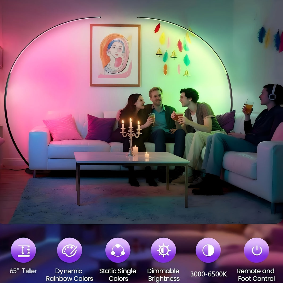 Lampadaire arc LED RVB 165 cm, couleurs et blancs réglables
