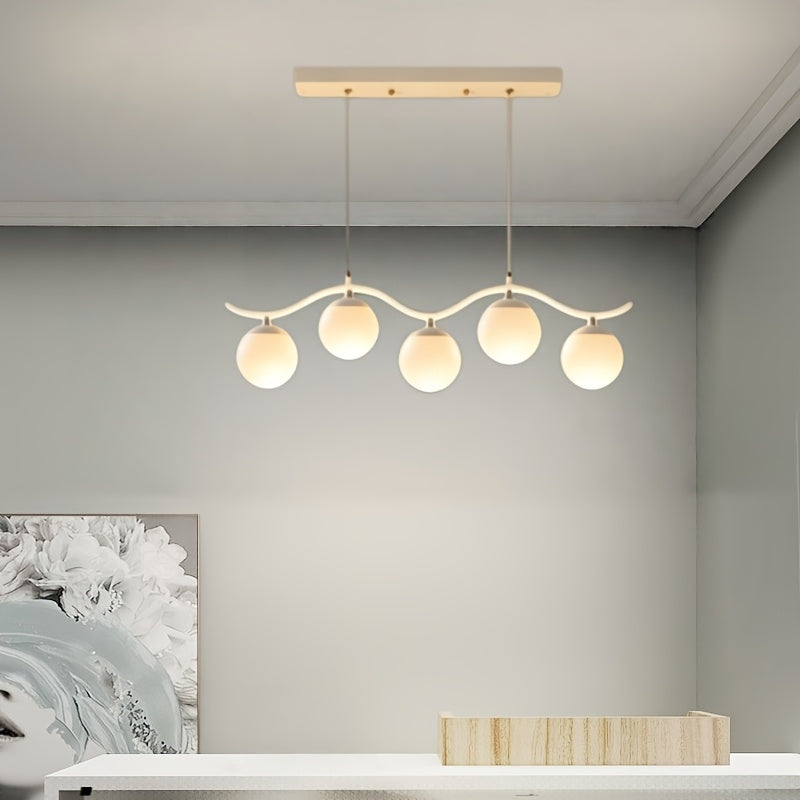 Suspension 5 globes sur barre ondulée, noire, dorée ou blanche