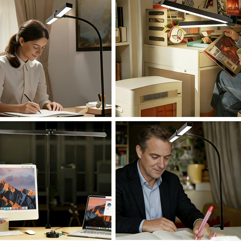 Lampe de bureau à pince double barre noire, interrupteur sur câble