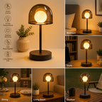 Lampe de table LED sans fil à dôme fumé et globe opalin, grise