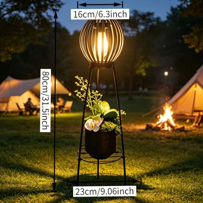 Lampadaire solaire rétro à boule ajourée sur trépied porte-fleurs