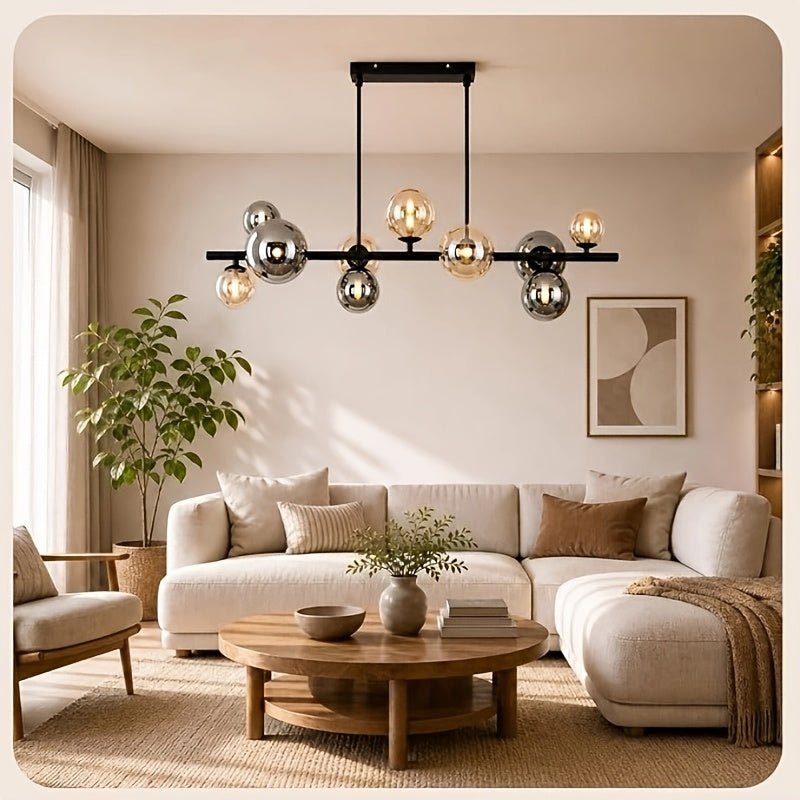 Lustre linéaire à 10 globes en verre ambré et fumé, 85 cm, G9
