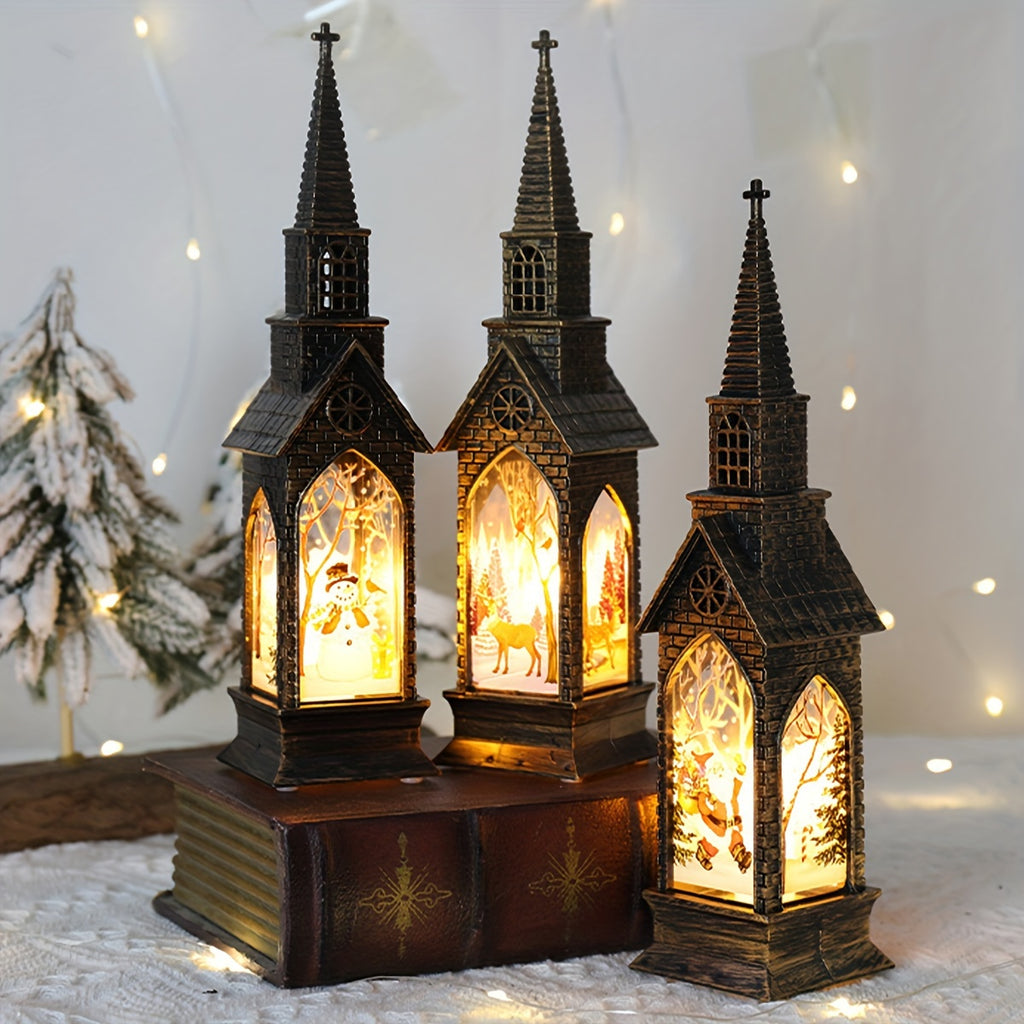 Lot de 4 lampes décoratives de Noël en forme d'église, à piles