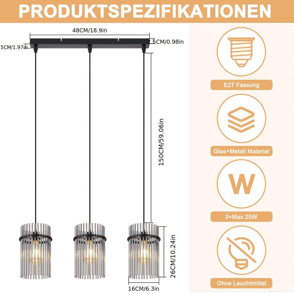 Suspension 3 lampes à baguettes de verre fumé, rosace ou barre