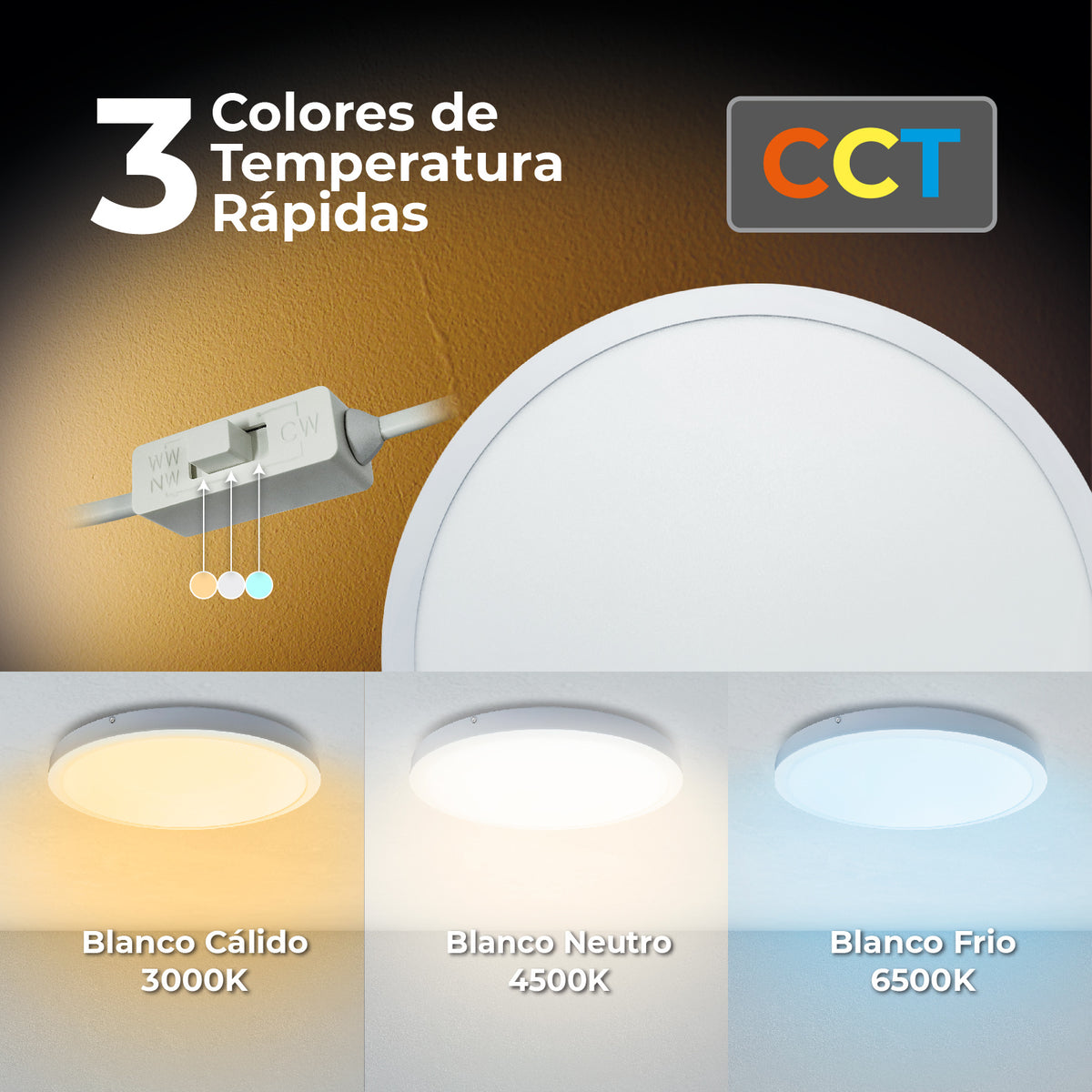 Plafonnier LED rond extra-plat Ø 60 cm 48W, trois teintes réglables