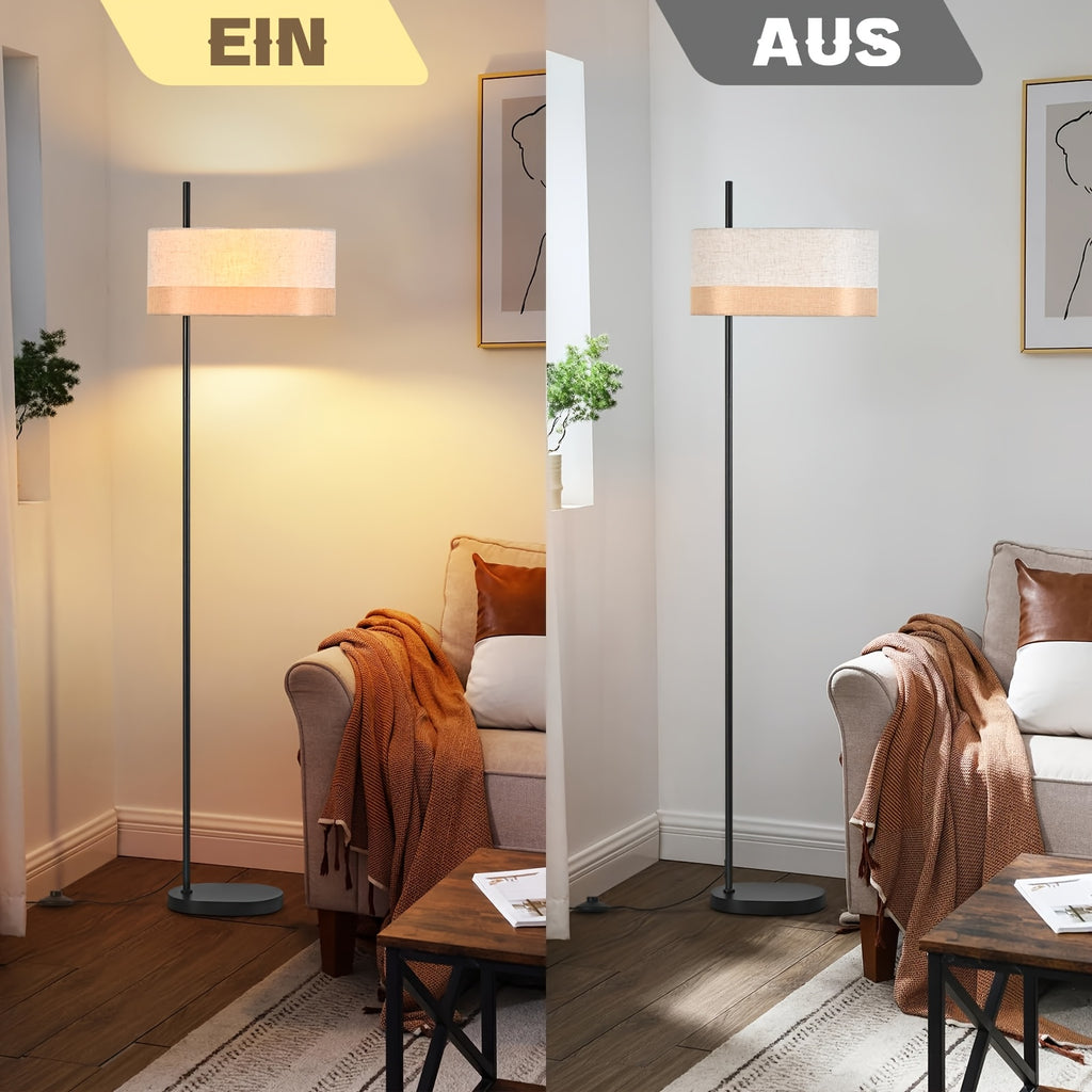 Lampadaire noir à abat-jour tambour en tissu bicolore, 154 cm