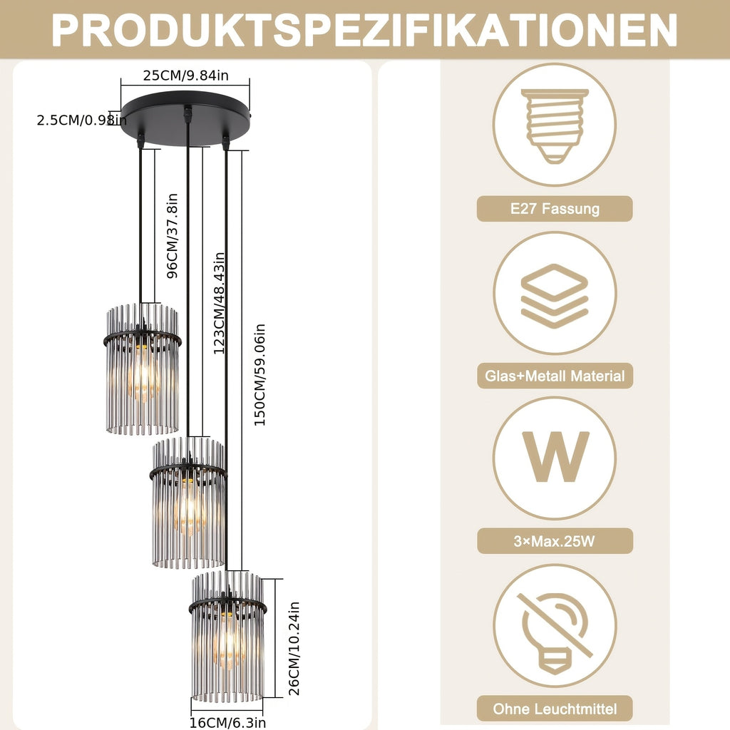 Suspension 3 lampes à baguettes de verre fumé, rosace ou barre