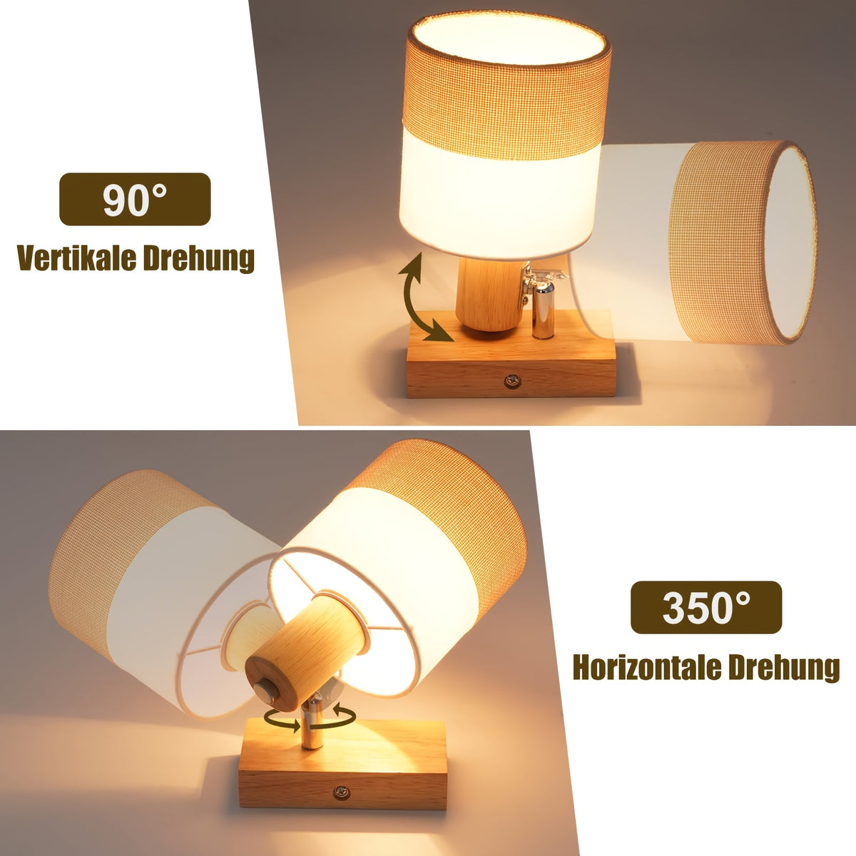 Lot de 2 spots orientables en bois et abat-jour tissu, douille E14