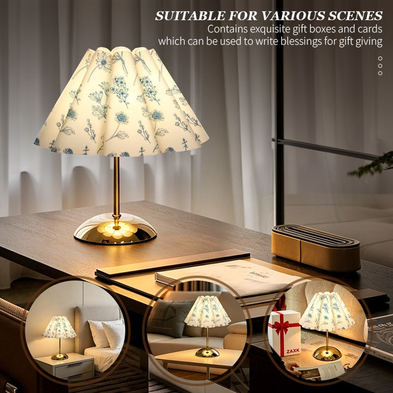 Lampe de chevet à abat-jour plissé fleurs bleues, pied doré, USB