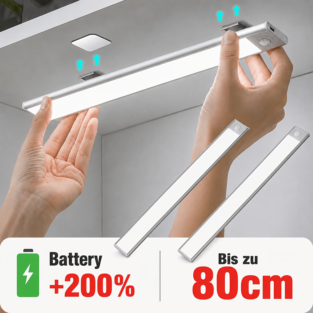 Réglette LED sous meuble à détecteur, aluminium, de 20 à 80 cm