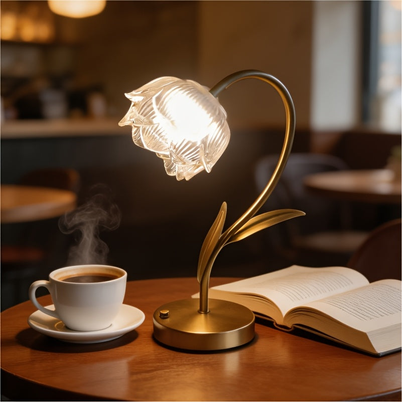 Lampe de chevet fleur en verre sur tige dorée, sans fil et tactile