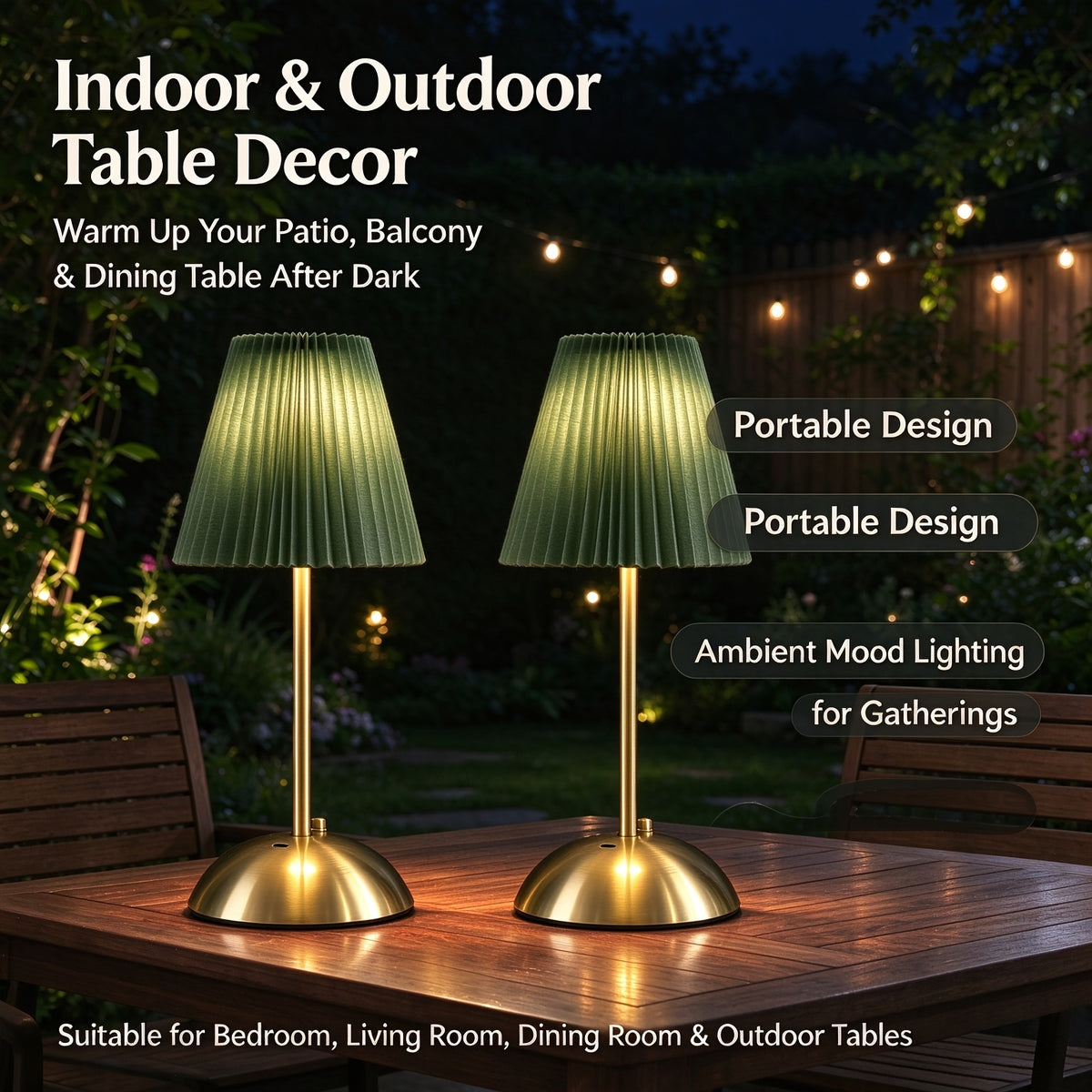 Lot de 2 lampes sans fil à abat-jour plissé vert, socle doré
