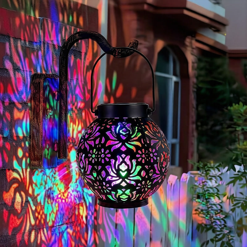 Lanterne solaire boule en métal ajouré, lumière RVB, noire ou cuivrée