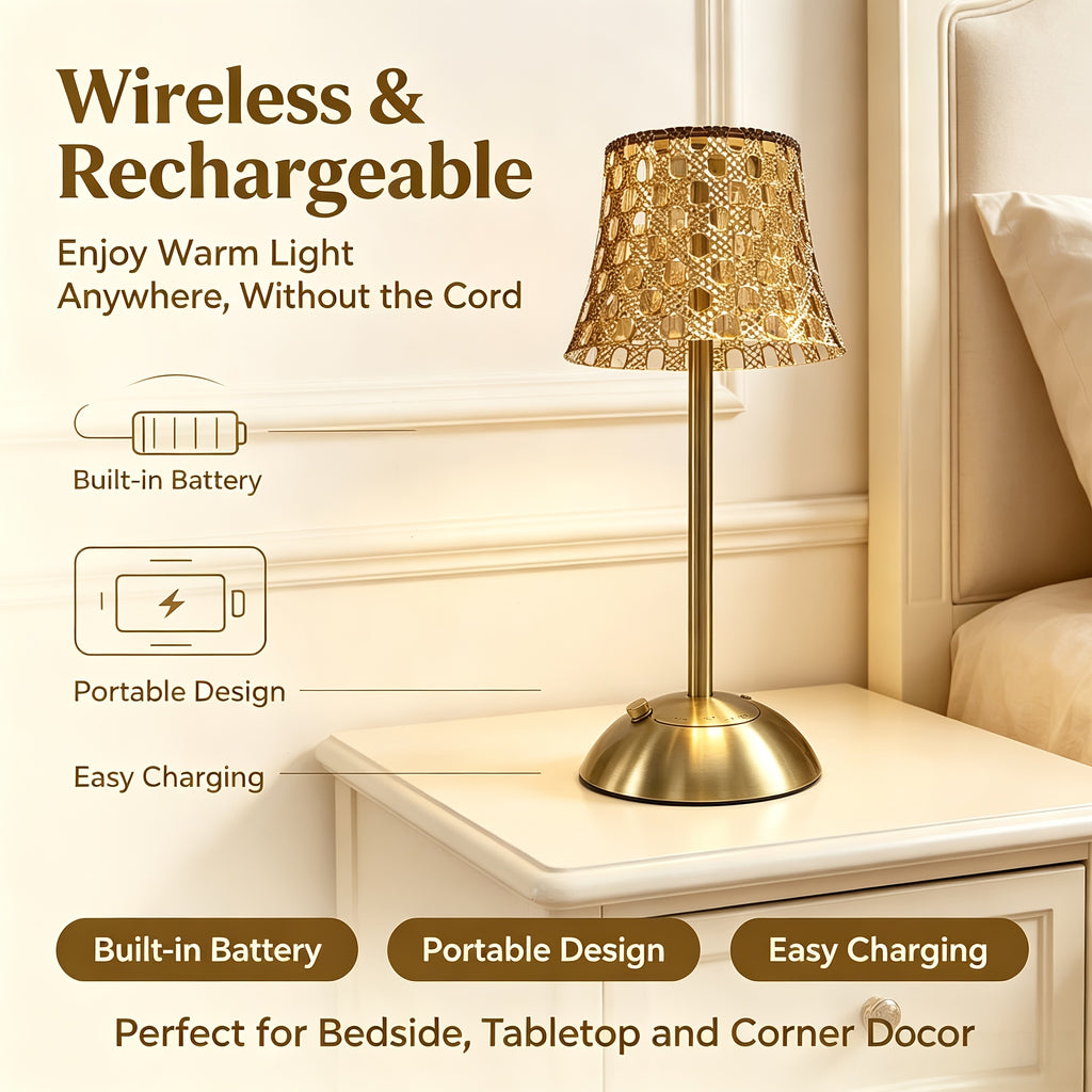 Lampe de chevet sans fil, abat-jour en grille dorée ajourée
