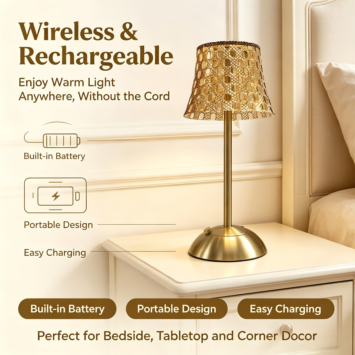 Lampe de chevet sans fil, abat-jour en grille dorée ajourée