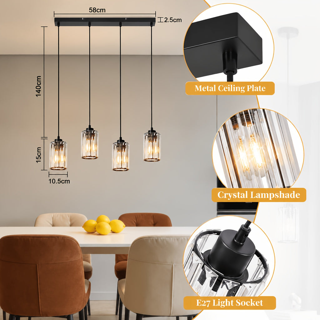 Suspension 3 ou 4 cylindres en verre taillé, barre noire 40 ou 58 cm