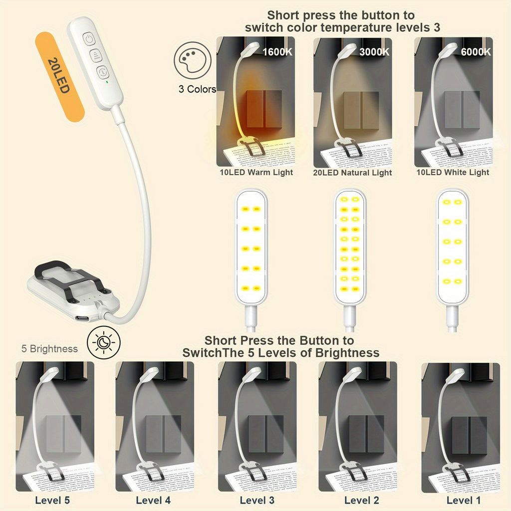 Lampe de lecture à pince 20 LED de 54 g, lumière ambrée 1600 K