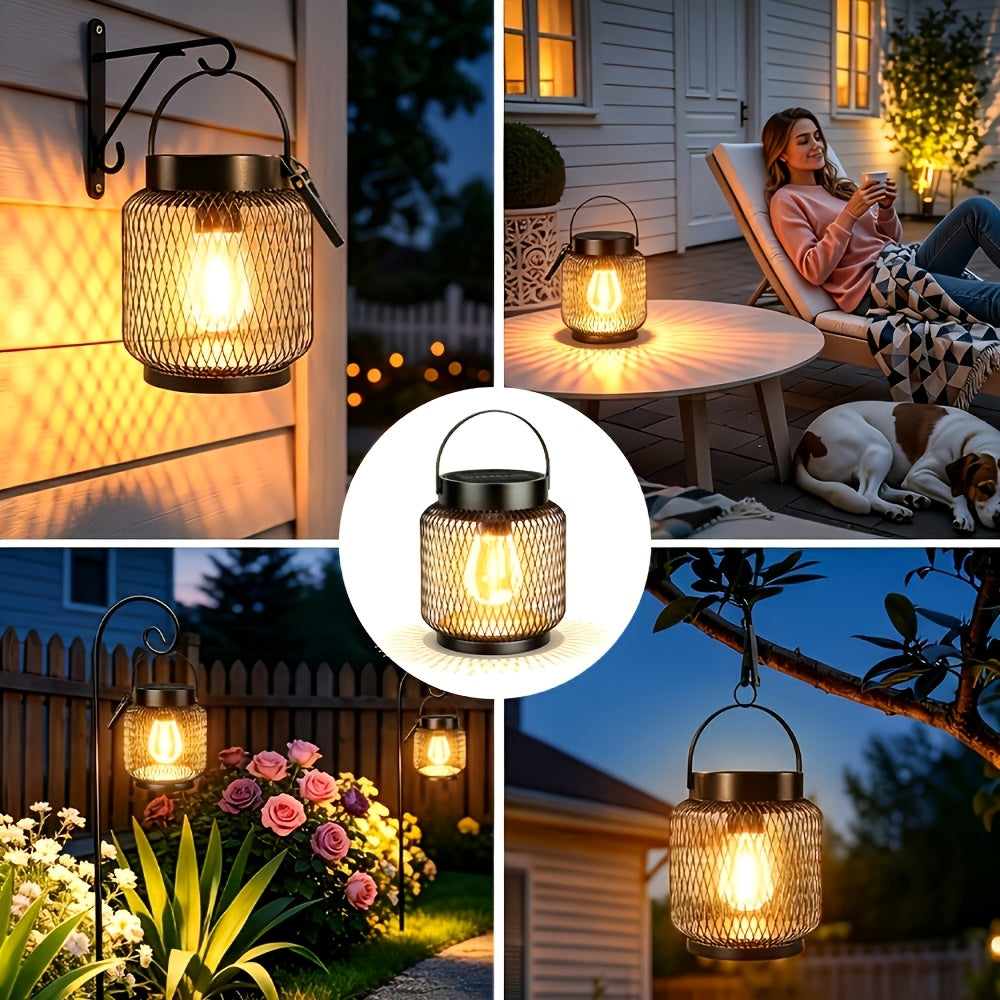 Lanterne solaire en grillage métallique noir, ampoule Edison 2700K