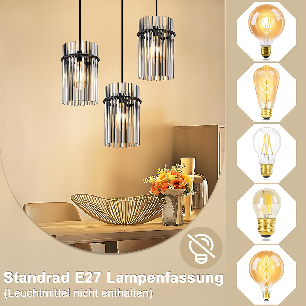 Suspension 3 lampes à baguettes de verre fumé, rosace ou barre
