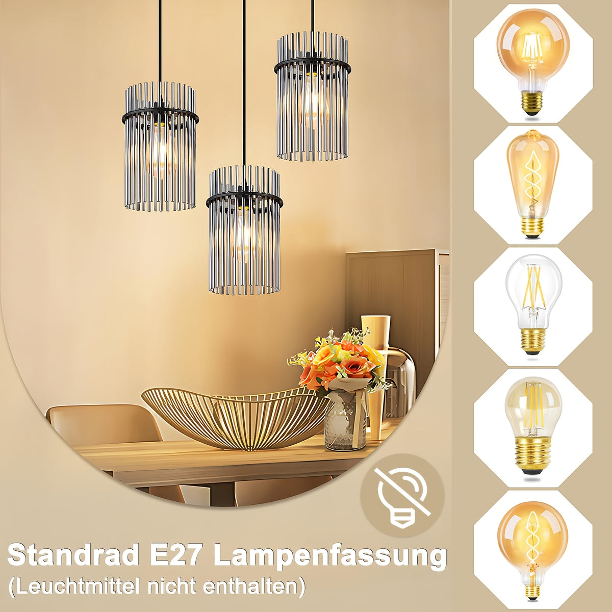 Suspension 3 lampes à baguettes de verre fumé, rosace ou barre