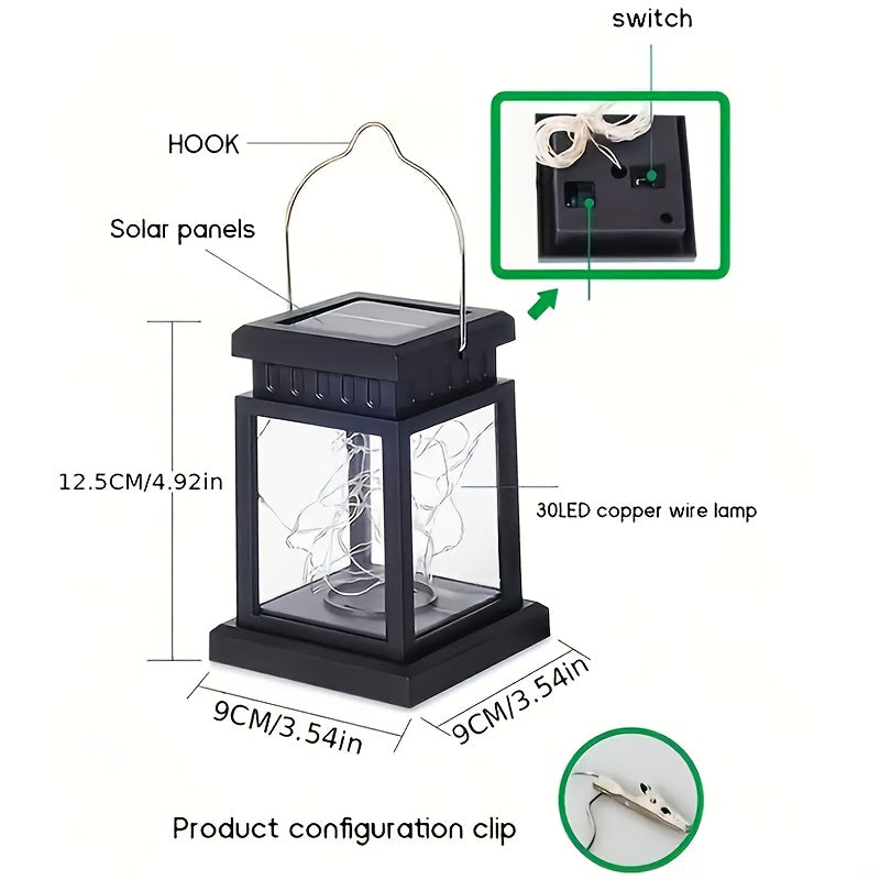 Lanterne solaire carrée noire à guirlande de 30 micro-LED, 12,5 cm