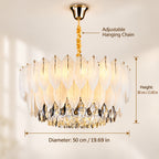 Lustre plumes et cristal fumé Ø 50 cm, chaîne dorée réglable, E14