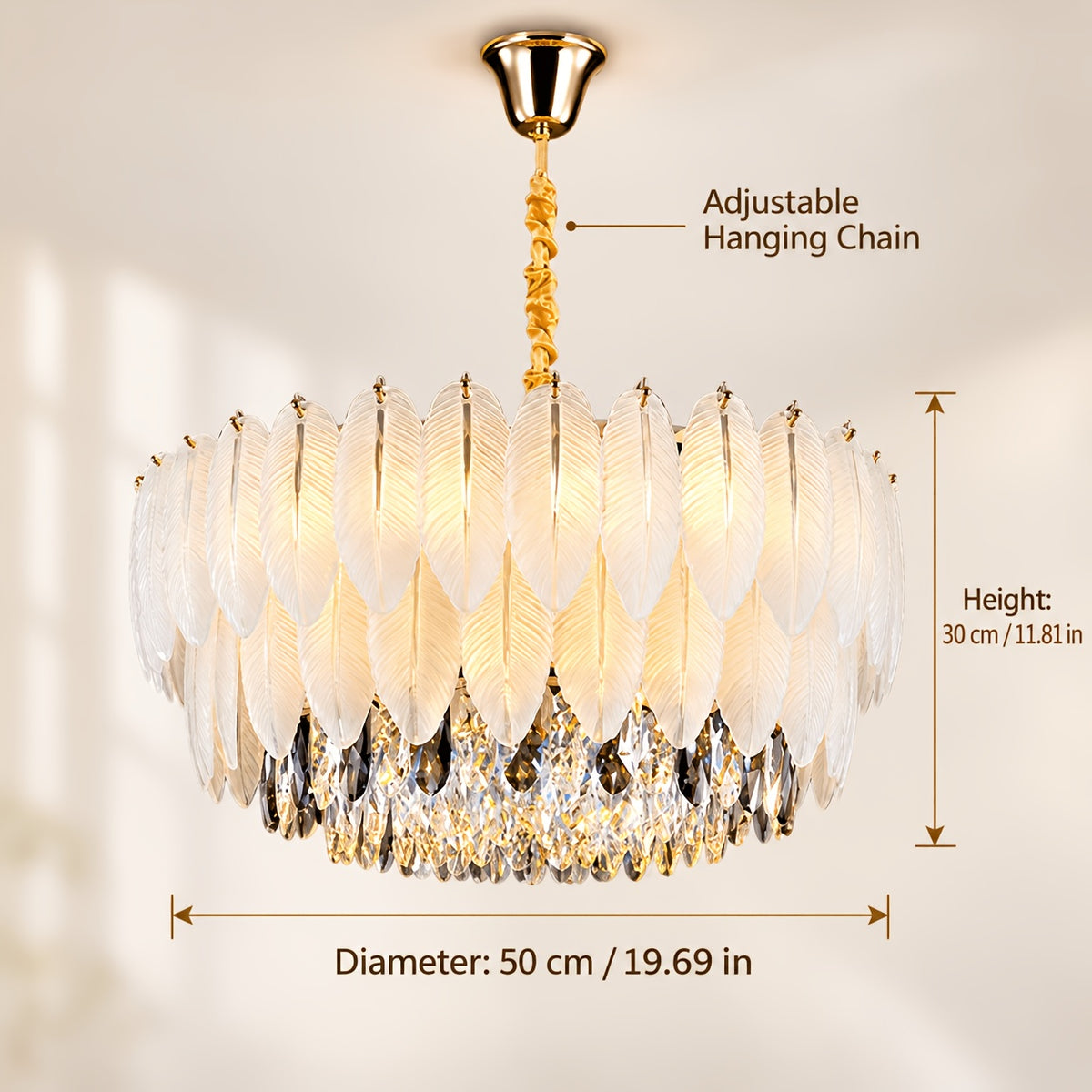 Lustre plumes et cristal fumé Ø 50 cm, chaîne dorée réglable, E14