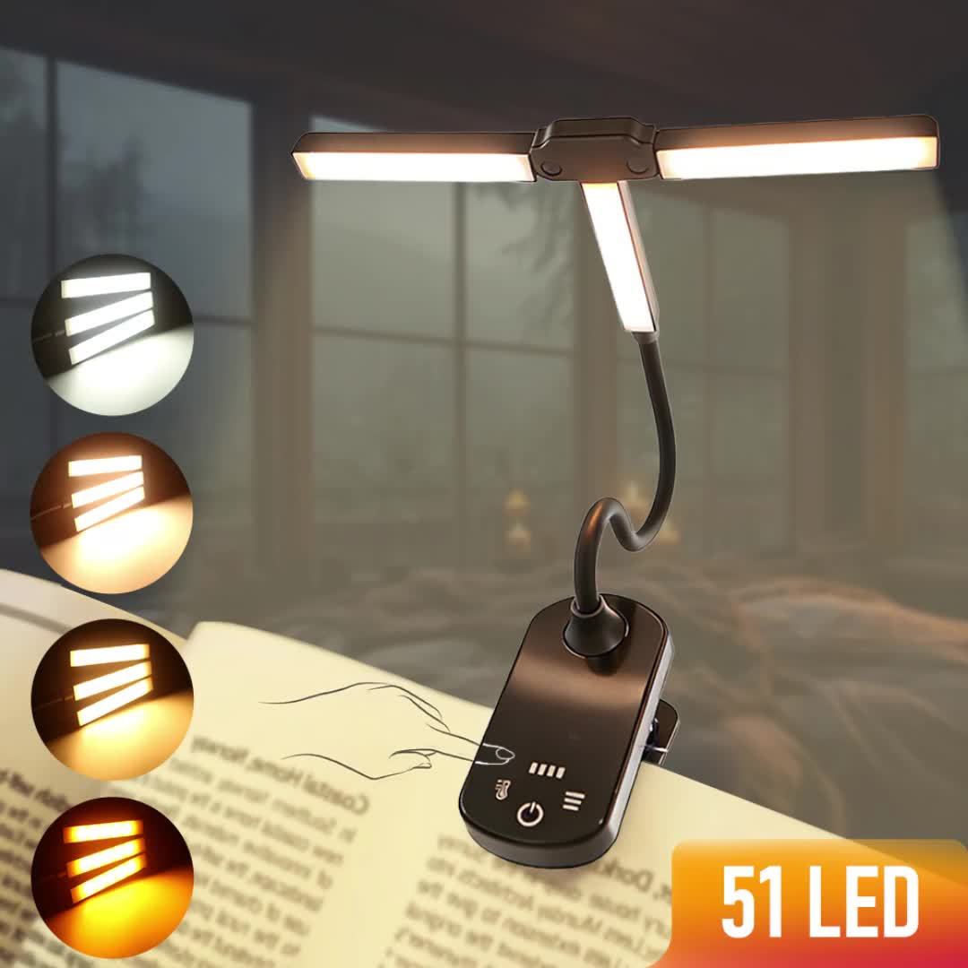 Lampe de lecture à pince à deux ou trois têtes, 4 teintes, USB-C