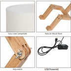 Lampe de chevet robot en bois articulé, abat-jour en lin ivoire