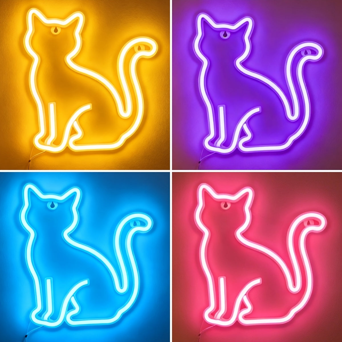 Néon LED chat assis à accrocher, rose ou blanc, piles ou USB