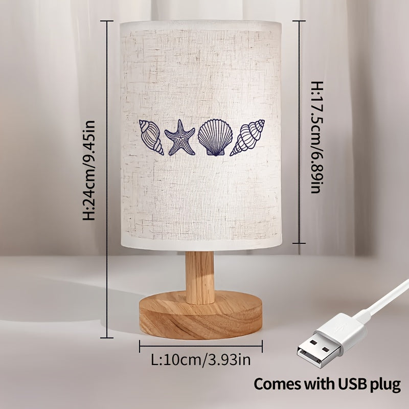 Lampe de chevet en bois, abat-jour imprimé de coquillages marins