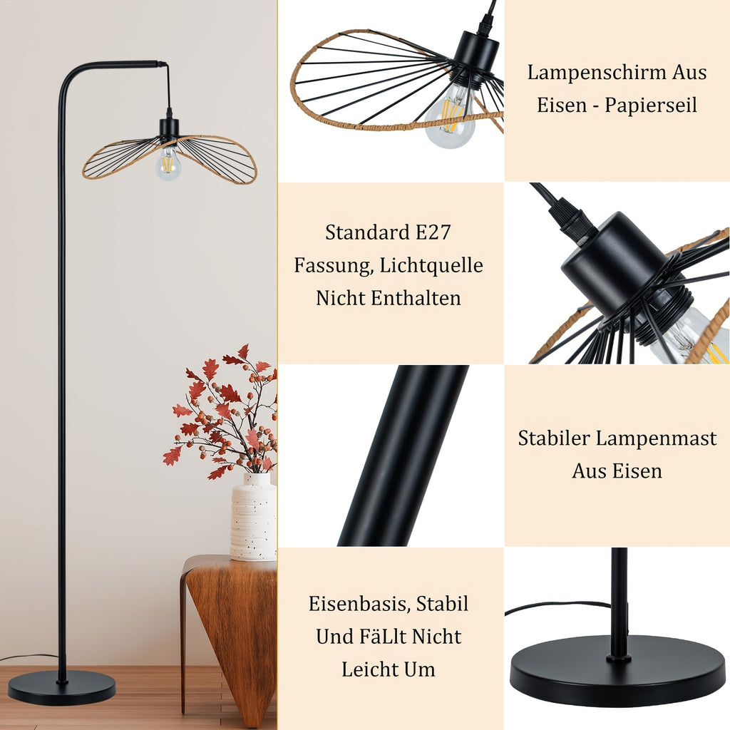 Lampadaire à potence noir et abat-jour filaire ajouré, 144 cm