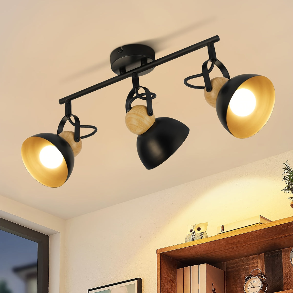 Spot de plafond rétro 3 ou 4 dômes orientables, rotule bois, E27