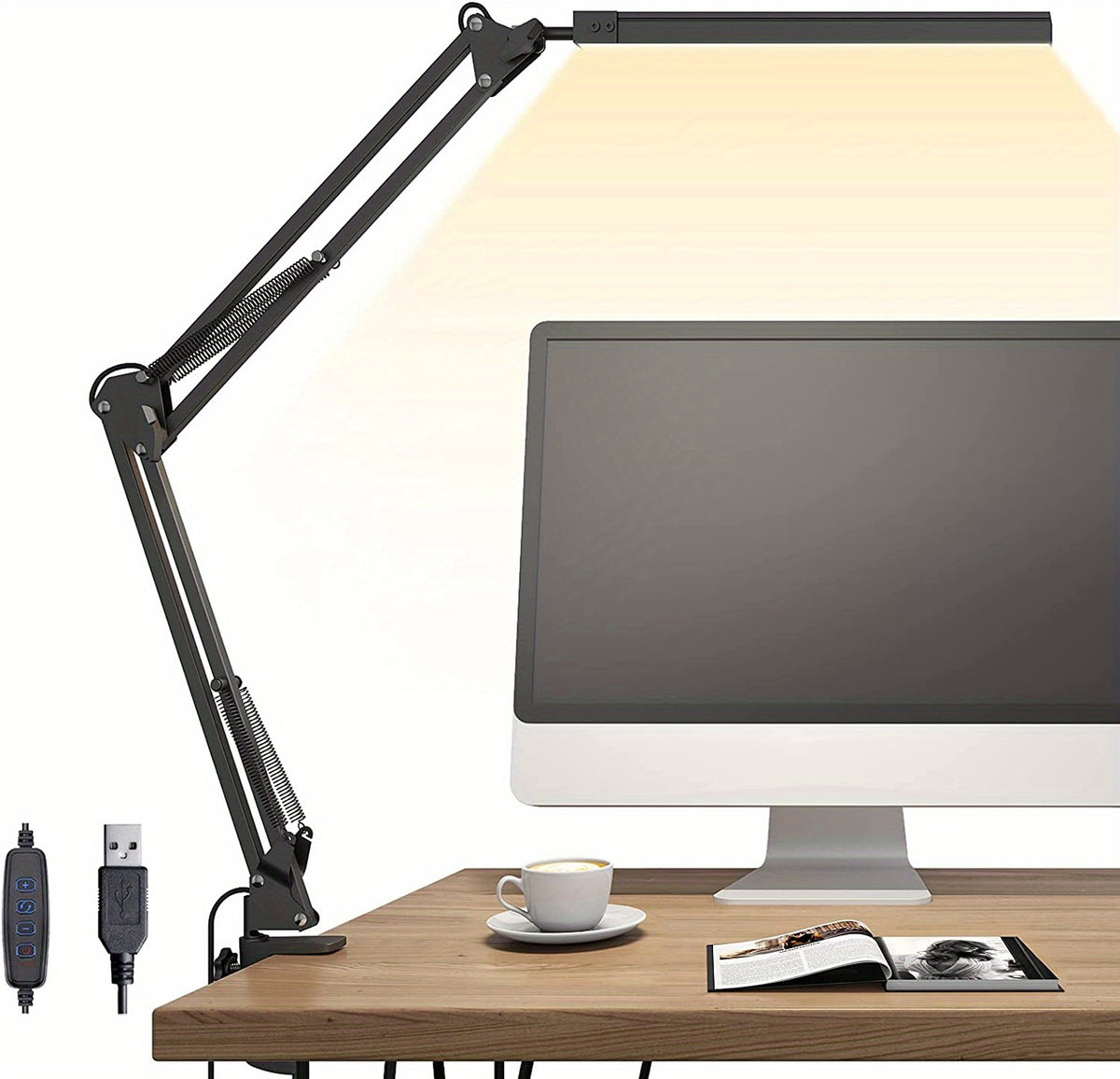 Lampe de bureau LED à pince, bras articulé noir et barre de 33 cm