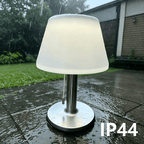 Lampe de table solaire abat-jour blanc et pied argenté, IP44