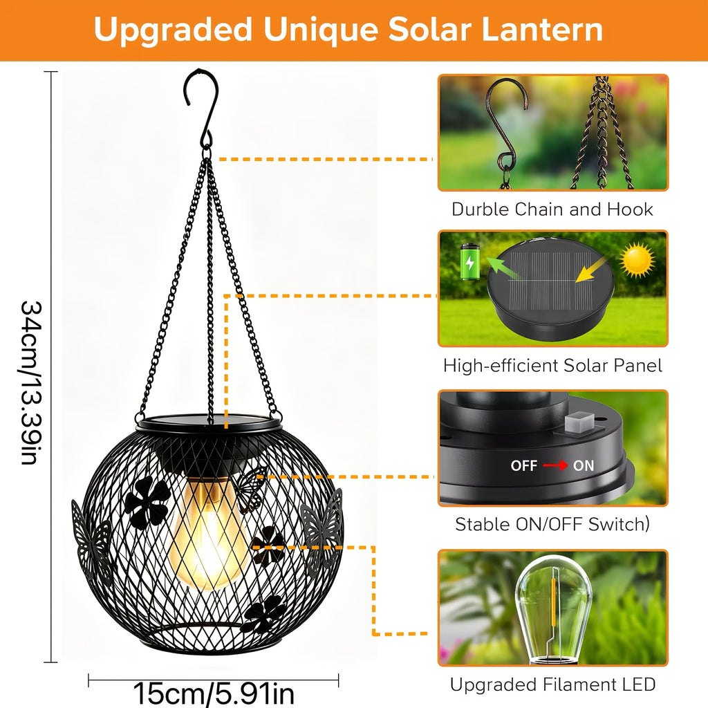 Suspension solaire boule grillagée noire, fleurs et papillons IP65