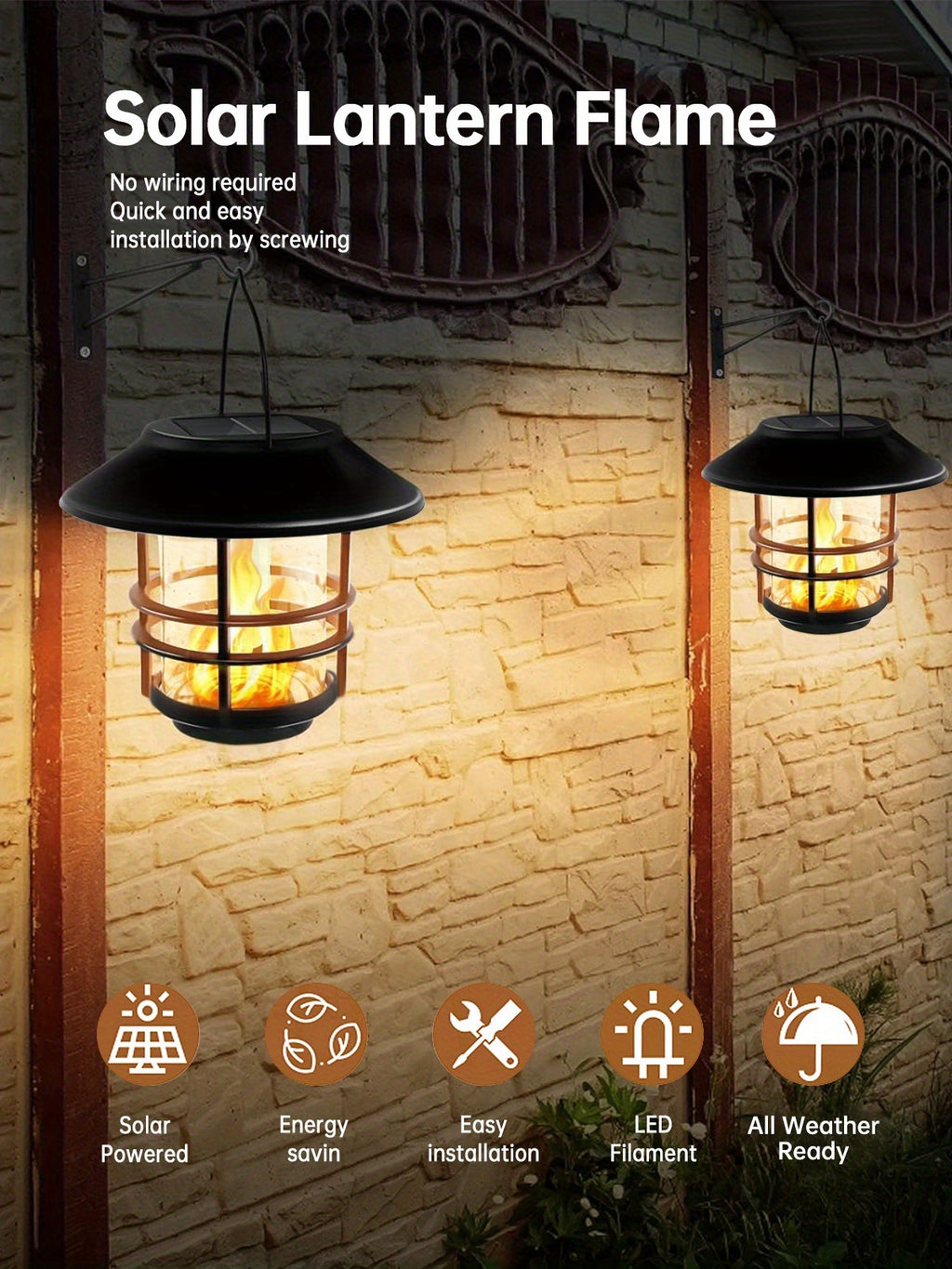 Suspension solaire noire effet flamme et potence murale, IP65