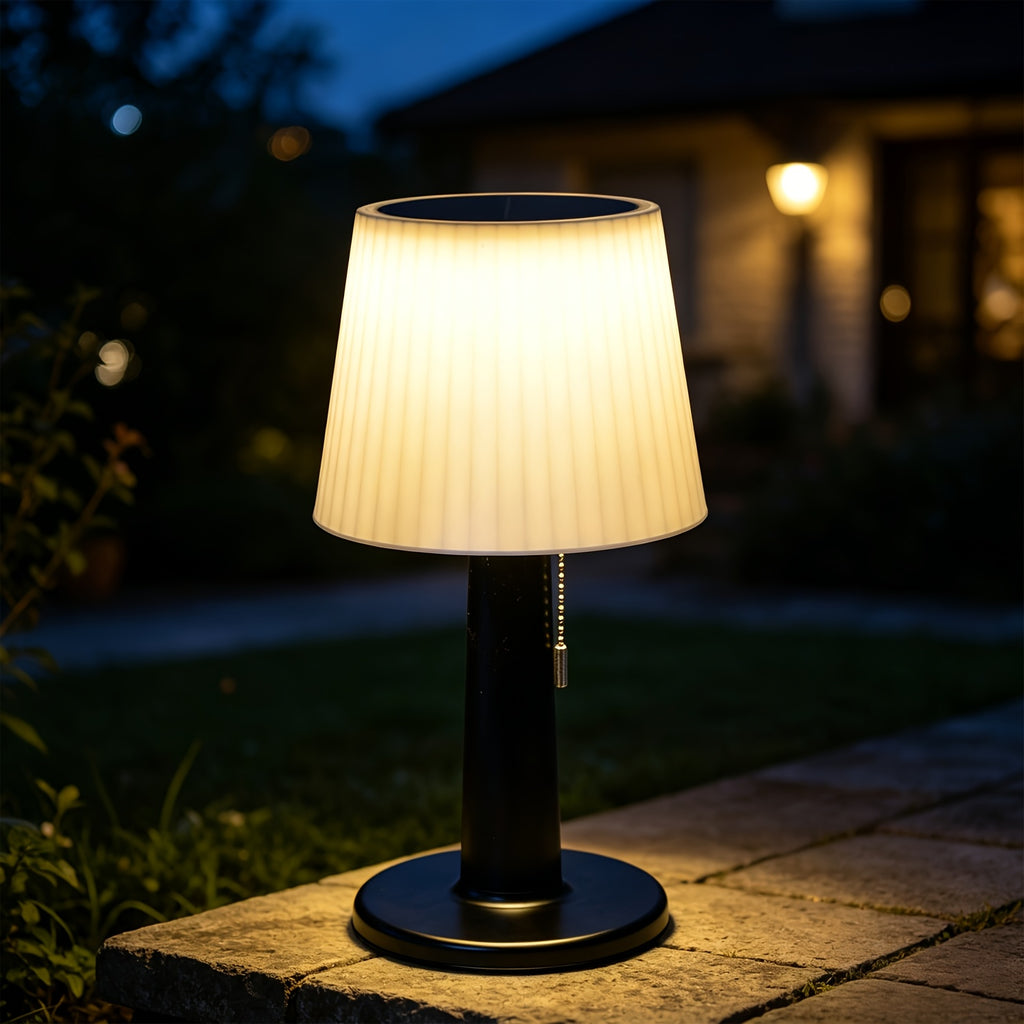 Lampe de table solaire à abat-jour blanc nervuré, 3 intensités