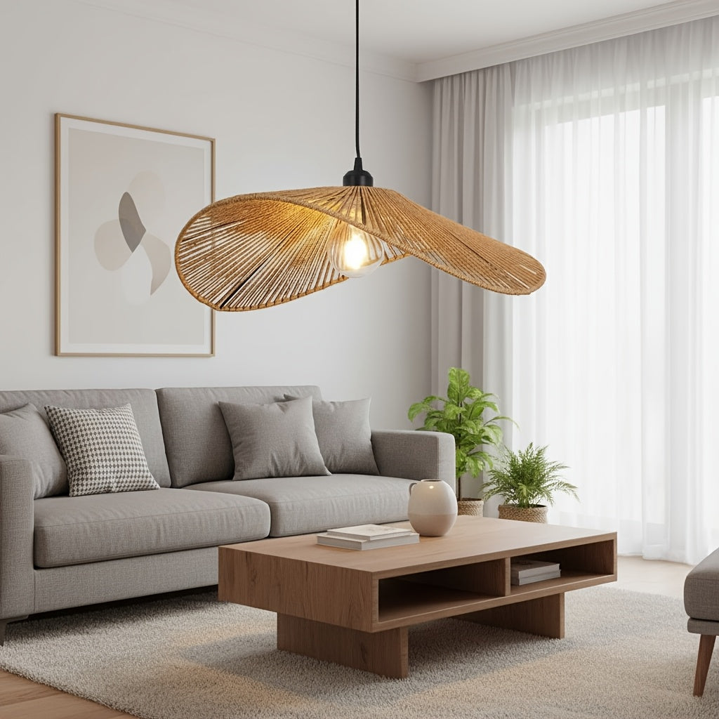 Suspension chapeau en rotin tressé ondulé, Ø 50 cm, style wabi-sabi