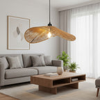 Suspension chapeau en rotin tressé ondulé, Ø 50 cm, style wabi-sabi