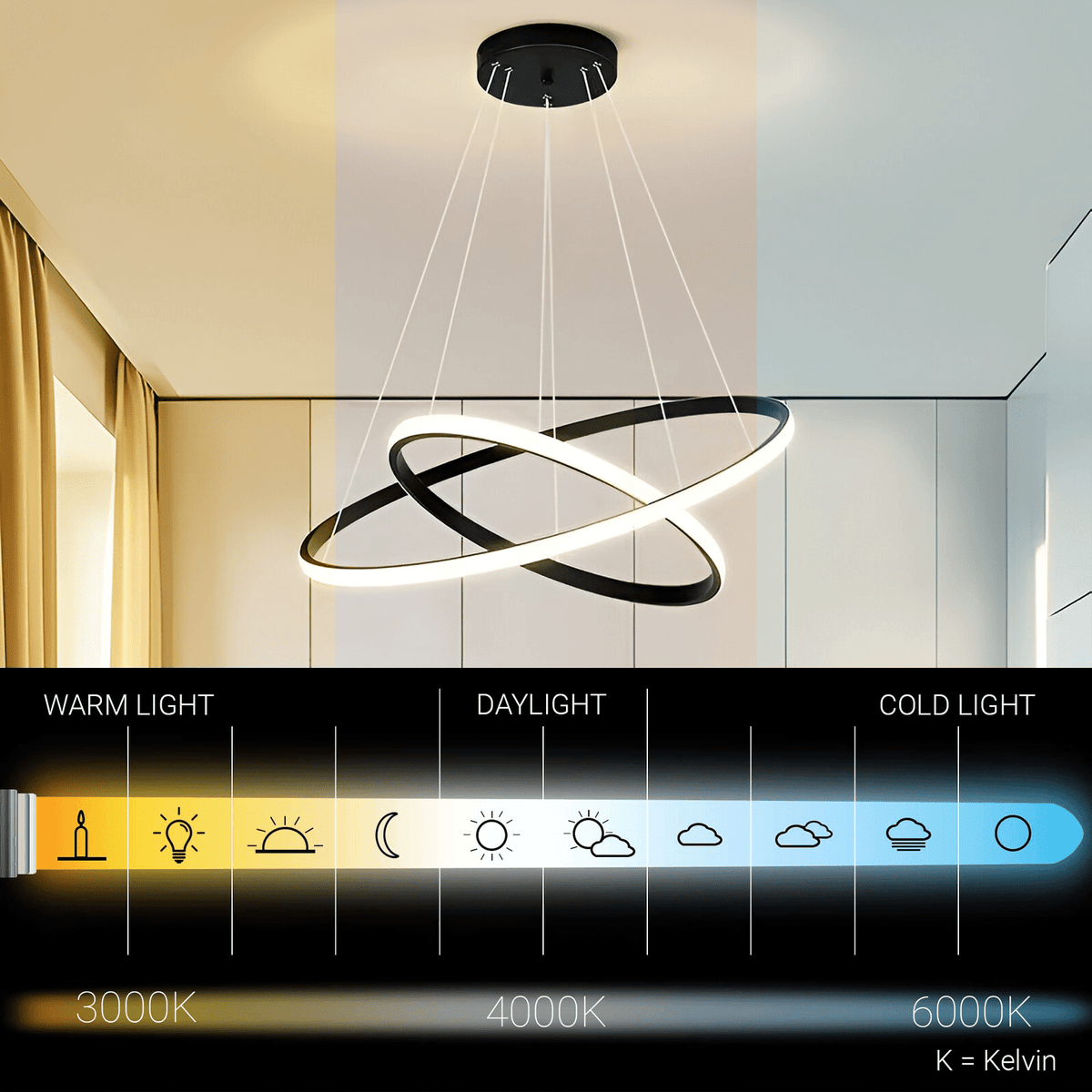Lustre LED à deux anneaux noirs inclinés, Ø 40 cm et 2000 lumens